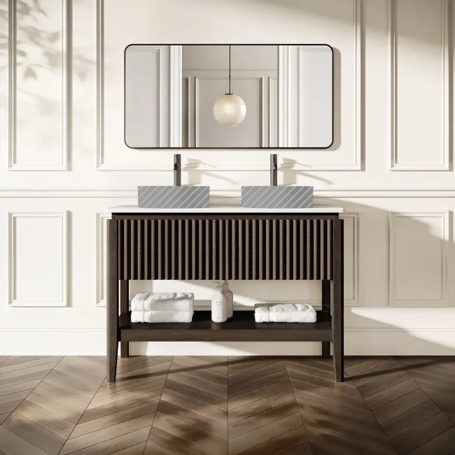 Maru Black Oak Wood Grain Vanity Cabinet 1200mm with Matt White Stone Top - Basin Not Included