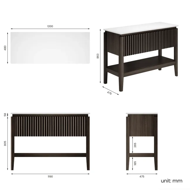 Maru Black Oak Wood Grain Vanity Cabinet 1200mm with Matt White Stone Top - Basin Not Included