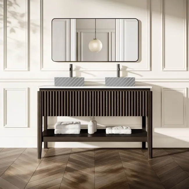 Maru Black Oak Wood Grain Vanity Cabinet 1400mm with Matt White Stone Top - Basin Not Included