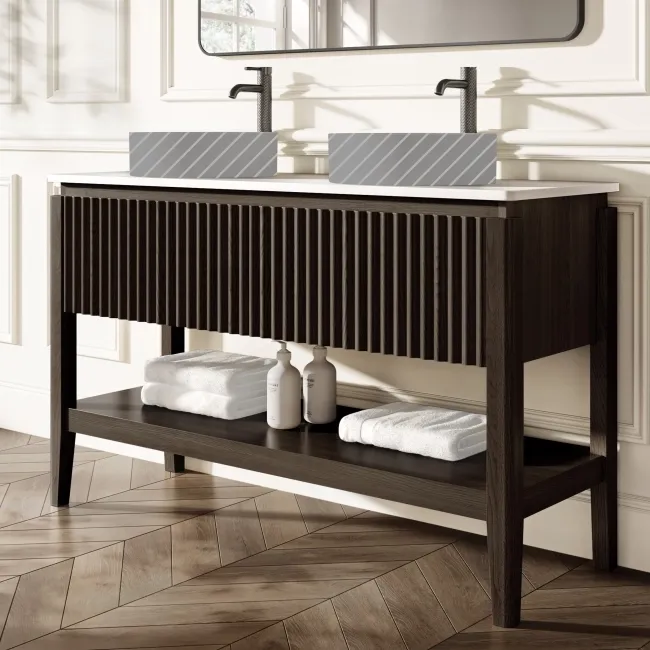 Maru Black Oak Wood Grain Vanity Cabinet 1400mm with Matt White Stone Top - Basin Not Included