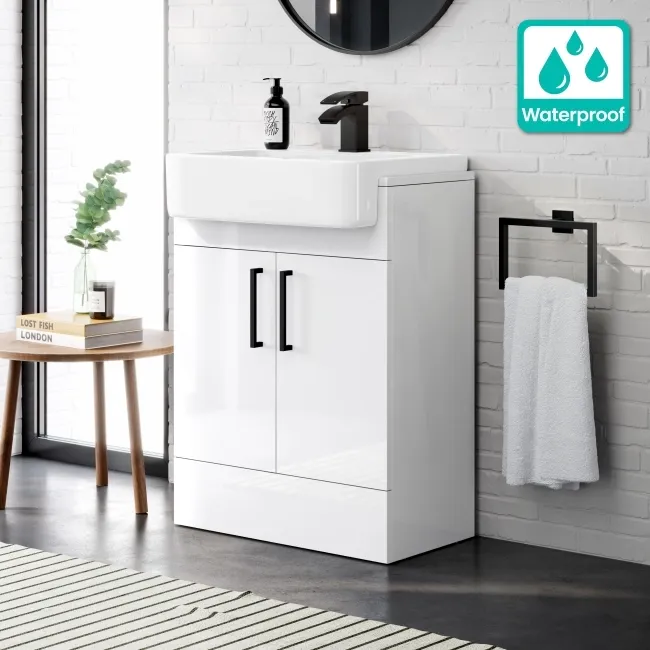 100% Waterproof - Harper Gloss White PVC Vanity with Semi Recessed Basin 600mm - Black Accents
