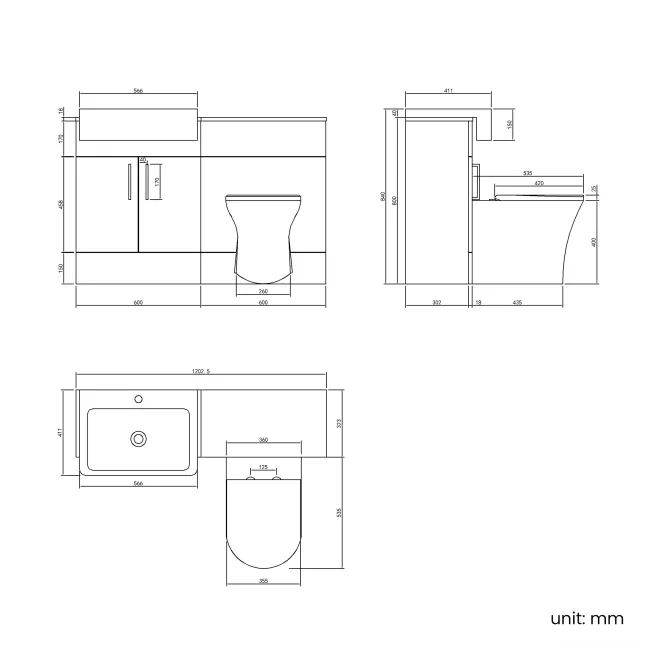 100% Waterproof - Harper Gloss White PVC Combination Vanity Basin and Houston Toilet 1200mm - Black Accents