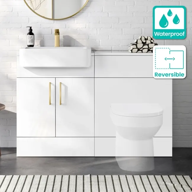 100% Waterproof - Harper Gloss White PVC Basin Vanity and Back To Wall Toilet Unit 1200mm (Excludes Toilet) - Brushed Brass Accents