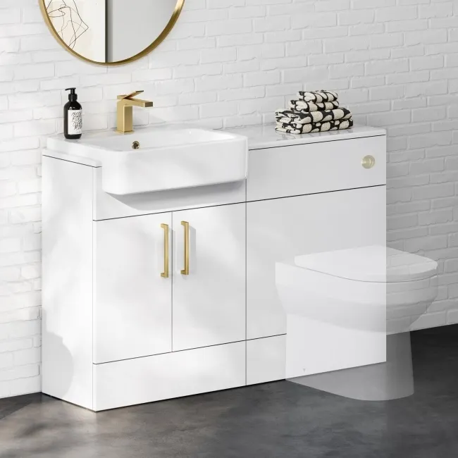 100% Waterproof - Harper Gloss White PVC Basin Vanity and Back To Wall Toilet Unit 1200mm (Excludes Toilet) - Brushed Brass Accents