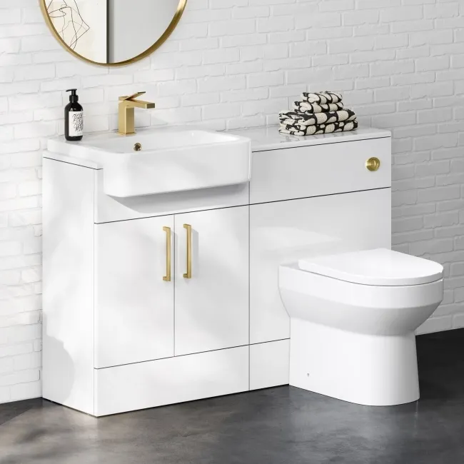 100% Waterproof - Harper Gloss White PVC Combination Vanity Basin and Miami Toilet 1200mm - Brushed Brass Accents