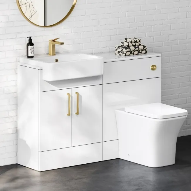 100% Waterproof - Harper Gloss White PVC Combination Vanity Basin and Houston Toilet 1200mm - Brushed Brass Accents