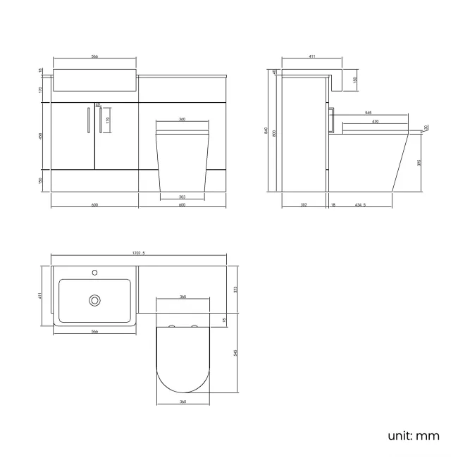 100% Waterproof - Harper Gloss White PVC Combination Vanity Basin and Boston Toilet 1200mm - Brushed Brass Accents