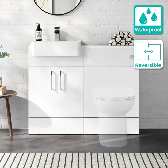 100% Waterproof - Harper Gloss White PVC Basin Vanity and Back To Wall Toilet Unit 1000mm - Excludes Toilet