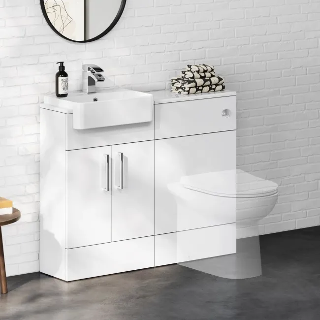 100% Waterproof - Harper Gloss White PVC Basin Vanity and Back To Wall Toilet Unit 1000mm - Excludes Toilet