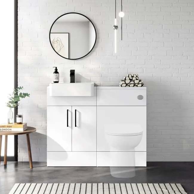 100% Waterproof - Harper Gloss White PVC Basin Vanity and Back To Wall Toilet Unit 1000mm (Excludes Toilet) - Black Accents