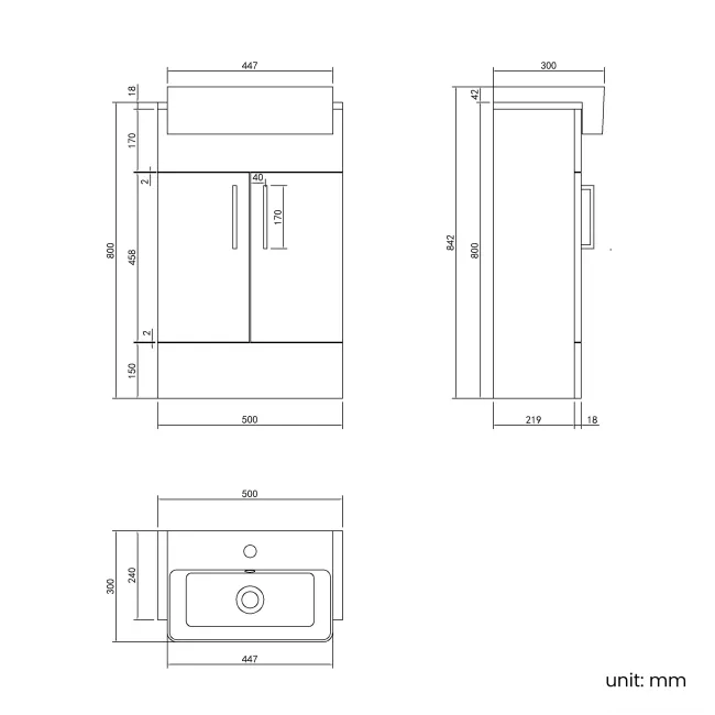 100% Waterproof - Harper Gloss White PVC Vanity with Semi Recessed Basin 500mm - Brushed Brass Accents