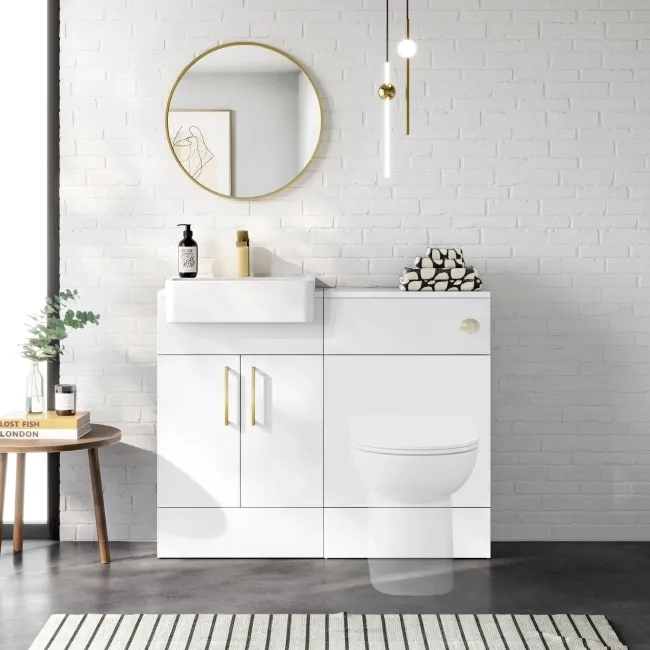 100% Waterproof - Harper Gloss White PVC Basin Vanity and Back To Wall Toilet Unit 1000mm (Excludes Toilet) - Brushed Brass Accents