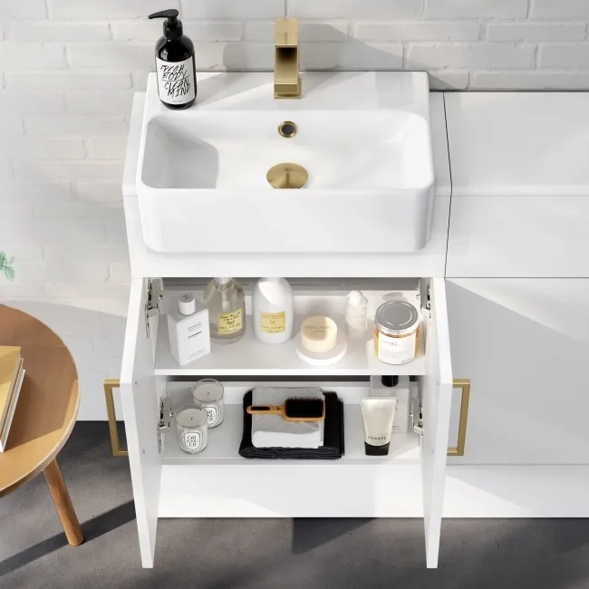 100% Waterproof - Harper Gloss White PVC Basin Vanity and Back To Wall Toilet Unit 1000mm (Excludes Toilet) - Brushed Brass Accents