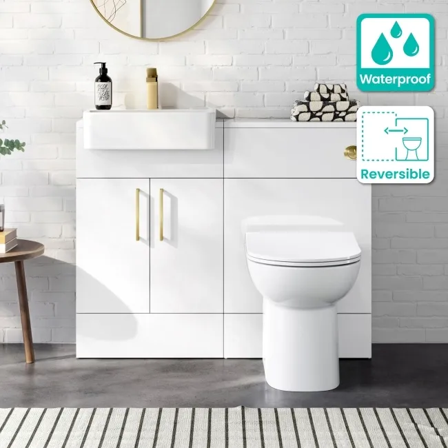 100% Waterproof - Harper Gloss White PVC Combination Vanity Basin & Aruba Toilet 1000mm - Brushed Brass Accents