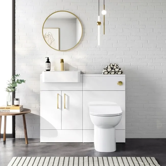 100% Waterproof - Harper Gloss White PVC Combination Vanity Basin & Aruba Toilet 1000mm - Brushed Brass Accents