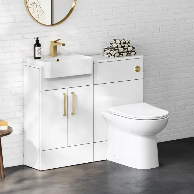100% Waterproof - Harper Gloss White PVC Combination Vanity Basin & Aruba Toilet 1000mm - Brushed Brass Accents