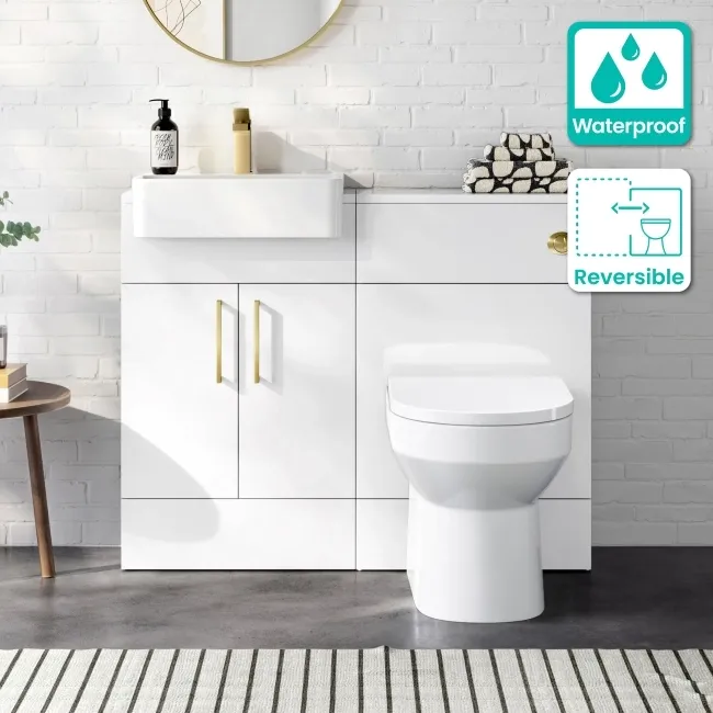 100% Waterproof - Harper Gloss White PVC Combination Vanity Basin & Miami Toilet 1000mm - Brushed Brass Accents