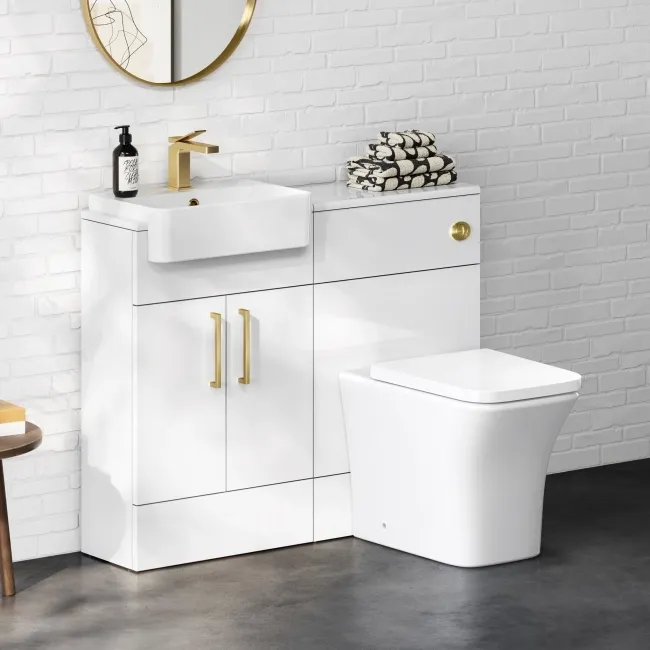 100% Waterproof - Harper Gloss White PVC Combination Vanity Basin & Houston Toilet 1000mm - Brushed Brass Accents