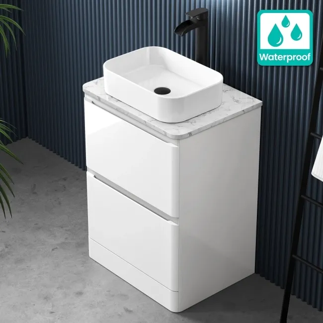 100% Waterproof - Corsica Gloss White PVC Vanity Drawer with Marble Top & Marin Basin 600mm