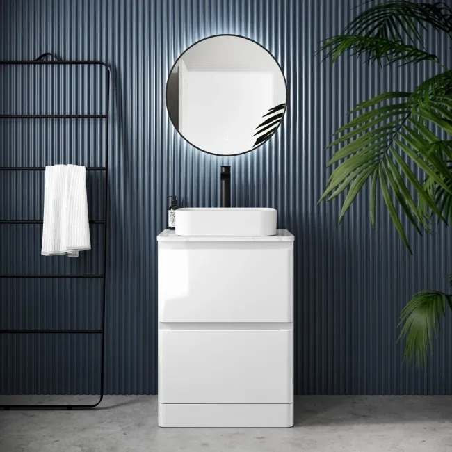 100% Waterproof - Corsica Gloss White PVC Vanity Drawer with Marble Top & Marin Basin 600mm