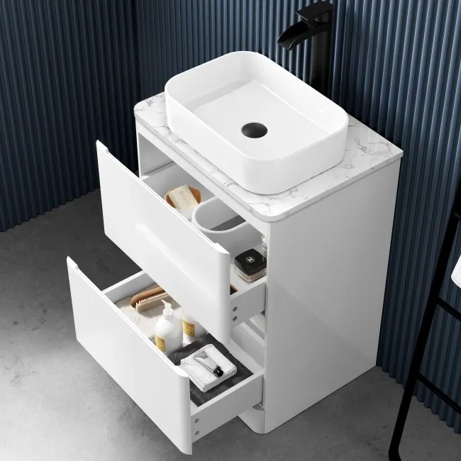 100% Waterproof - Corsica Gloss White PVC Vanity Drawer with Marble Top & Marin Basin 600mm