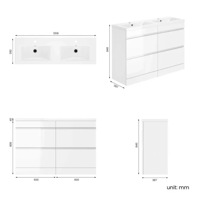 Trent Gloss White Double Basin Drawer Vanity 1200mm
