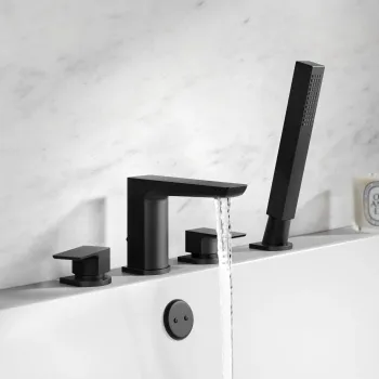 Ribble Matt Black Deck Mounted 4TH Bath Shower Mixer Tap & Handheld Shower