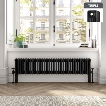 Athens Matt Black Triple Column Horizontal Traditional Radiator 300x1415mm