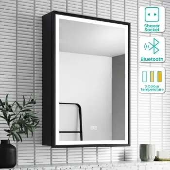 Mia Black Framed Illuminated LED Mirror Cabinet With BLUETOOTH Speaker 710x500mm