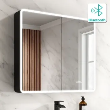 Aurora Matt Black Illuminated LED Mirror Cabinet With BLUETOOTH Speaker 700x800mm