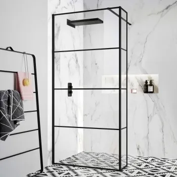 Munich Matt Black Grid 8mm Wet Room Shower Glass 1000mm & 250mm Return Panel