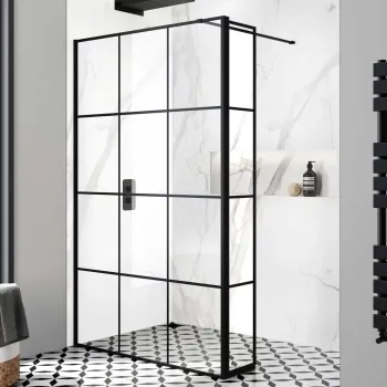Munich Matt Black Grid 8mm Wet Room Shower Glass 1200mm & 250mm Pivotal Return Panel