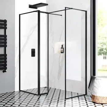 Munich Matt Black Framed 8mm Walk In Shower Enclosure 800mm & 700mm Glass with Pivotal Return Panel