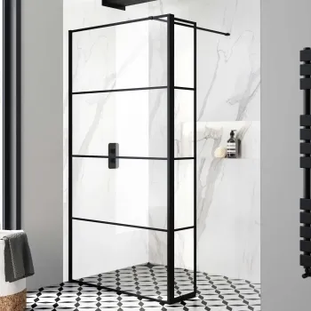 Munich Matt Black Grid 8mm Wet Room Shower Glass 1100mm & 250mm Pivotal Return Panel