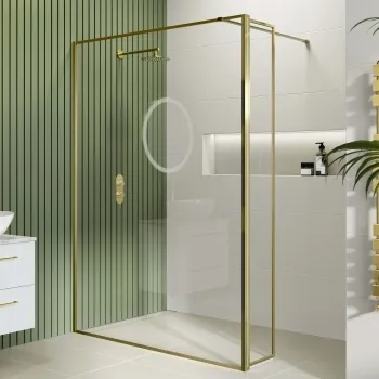 Munich Brushed Brass Framed 8mm Wet Room Shower Glass 1400mm & 250mm Pivotal Return Panel