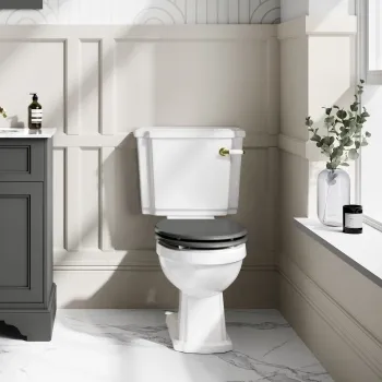 Hudson Traditional Close Coupled Toilet With Graphite Grey Wooden Seat - Brushed Brass Lever