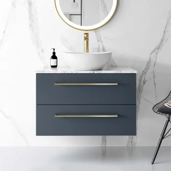 Elba Inky Blue Wall Hung Drawer Vanity with Marble Top & Oval Counter Top Basin 800mm - Brushed Brass Accents