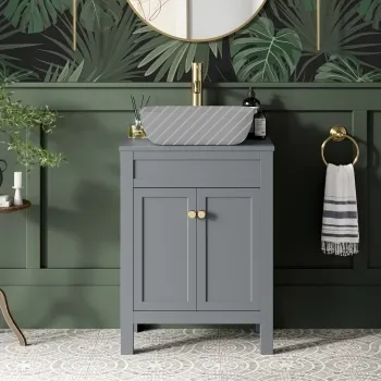 Bermuda Dove Grey Cabinet 600mm Excludes Counter Top Basin - Brushed Brass Accents
