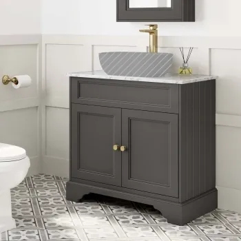 Lucia Graphite Grey Cabinet with Marble Top 840mm (Excludes Counter Top Basin) - Brushed Brass Accents