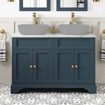 Lucia Inky Blue Cabinet with Marble Top 1200mm (Excludes Counter Top Basins) - Brushed Brass Accents