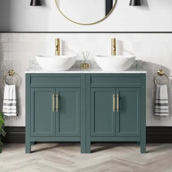 Bermuda Midnight Green Vanity with Marble Top & Oval Counter Top Basin 1200mm - Brass Knurled Handles