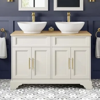 Lucia Chalk White Double Vanity with Oak Effect Top & Oval Counter Top Basin 1200mm - Brass Knurled Handles