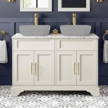 Lucia Chalk White Cabinet with Marble Top 1200mm (Excludes Counter Top Basins) - Brass Knurled Handles