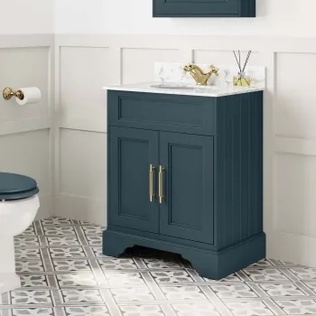Lucia Inky Blue Vanity with Marble Top & Undermount Basin 630mm - Brass Knurled Handles