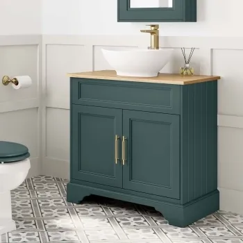 Lucia Midnight Green Vanity with Oak Effect Top & Oval Counter Top Basin 840mm - Brass Knurled Handles