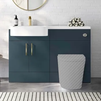 Harper Navy Blue Basin Vanity and Back To Wall Toilet Unit 1200mm (Excludes Toilet) - Brushed Brass Accents - Left Handed