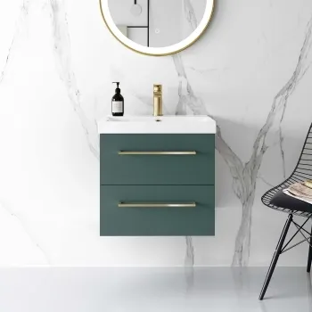 Elba Midnight Green Wall Hung Basin Drawer Vanity 500mm - Brushed Brass Accents