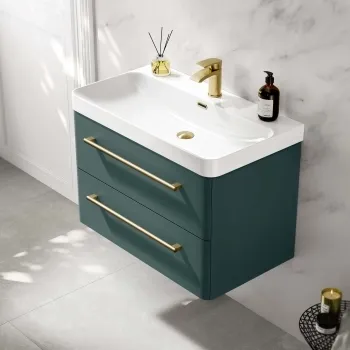 Omaha Mystic Green Wall Hung Basin Drawer Vanity 800mm - Brushed Brass Accents