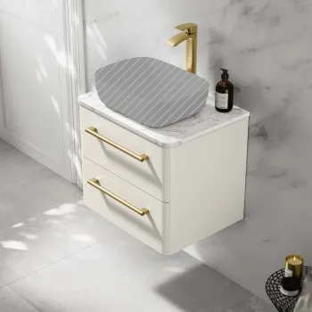 Omaha Linen White Wall Hung Drawer Vanity with Marble Top 600mm (Excludes Counter Top Basin) - Brushed Brass Accents