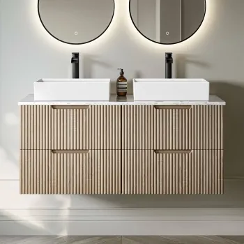 Crete Fluted Apex Oak Double Wall Hung Drawer Vanity with Marble Top & Cody Basin 1200mm
